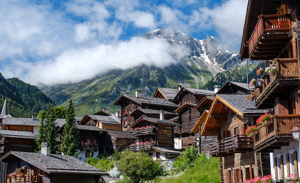 a grouping of buildings interspersed with trees with mountains in the background